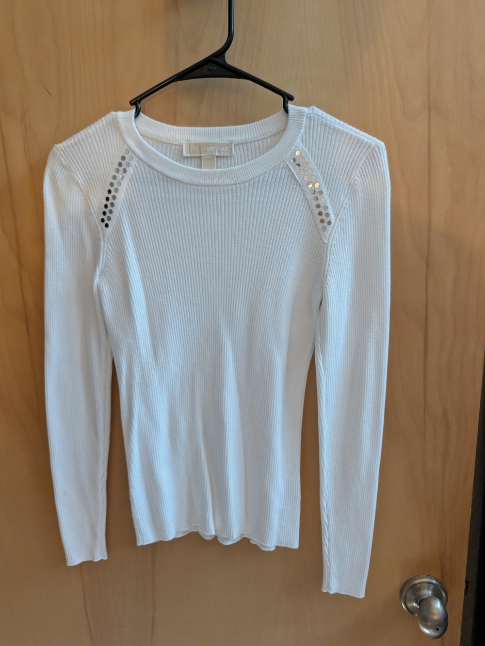 Michael Kors White Ribbed Long-Sleeve Top with Stud Detail